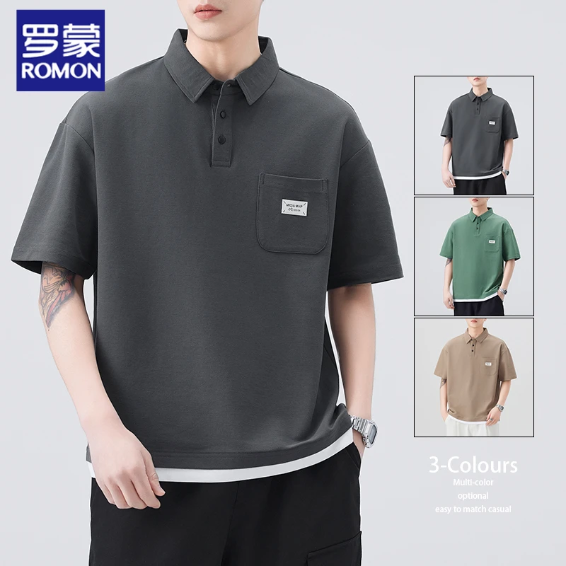 罗蒙短袖t恤男士2025年夏季潮牌宽松美式体恤假两件运动polo衫男