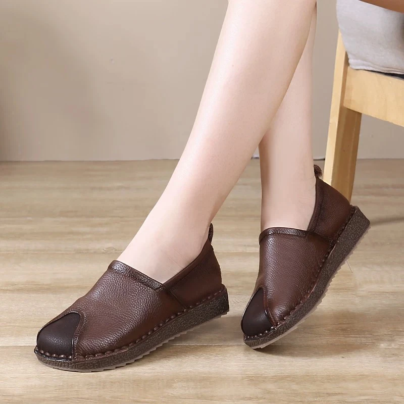 头层真牛皮宽脚复古女鞋深口单鞋2025新款春秋季一脚蹬乐福鞋
