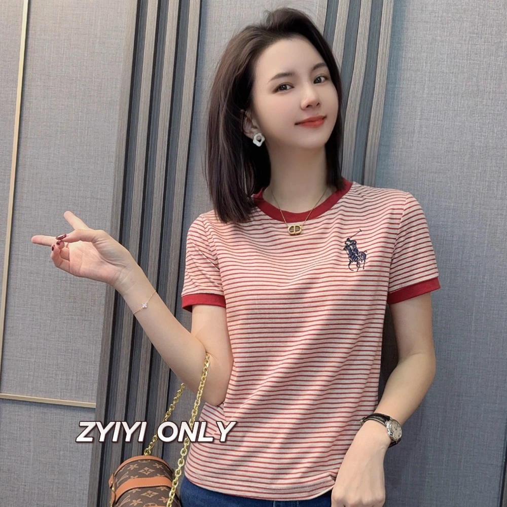 【骑士小马】2025夏季多巴胺条纹新款短袖T恤修身显瘦上衣女
