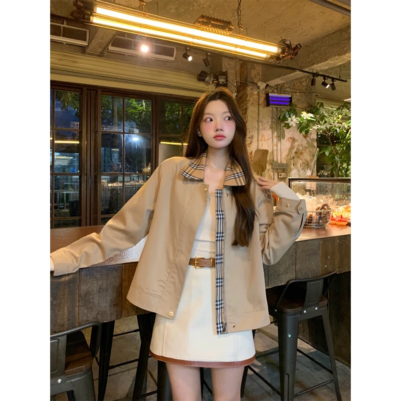 美式复古拼接撞色翻领外套女春秋季爆款学院风宽松显瘦夹克上衣潮