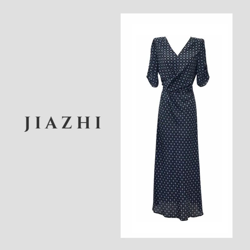 【海风絮语】优雅斜裁油画晕染碎花连衣裙夏松弛感气质v领系带长裙