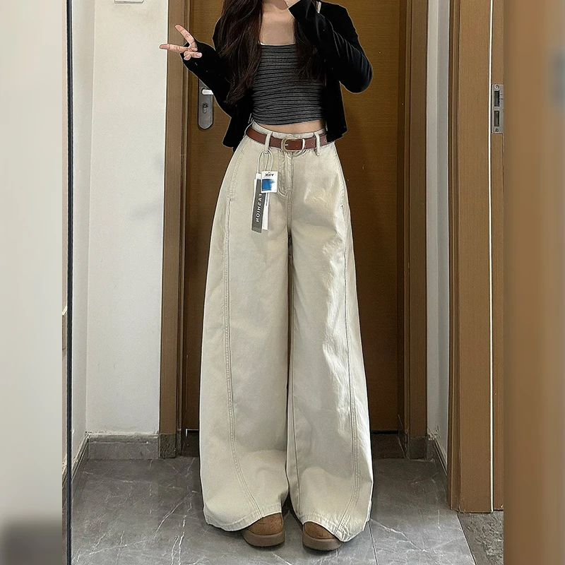 奶昔米高腰拼接纯棉垂感阔腿牛仔裤女2025秋季新款宽松百搭拖地裤