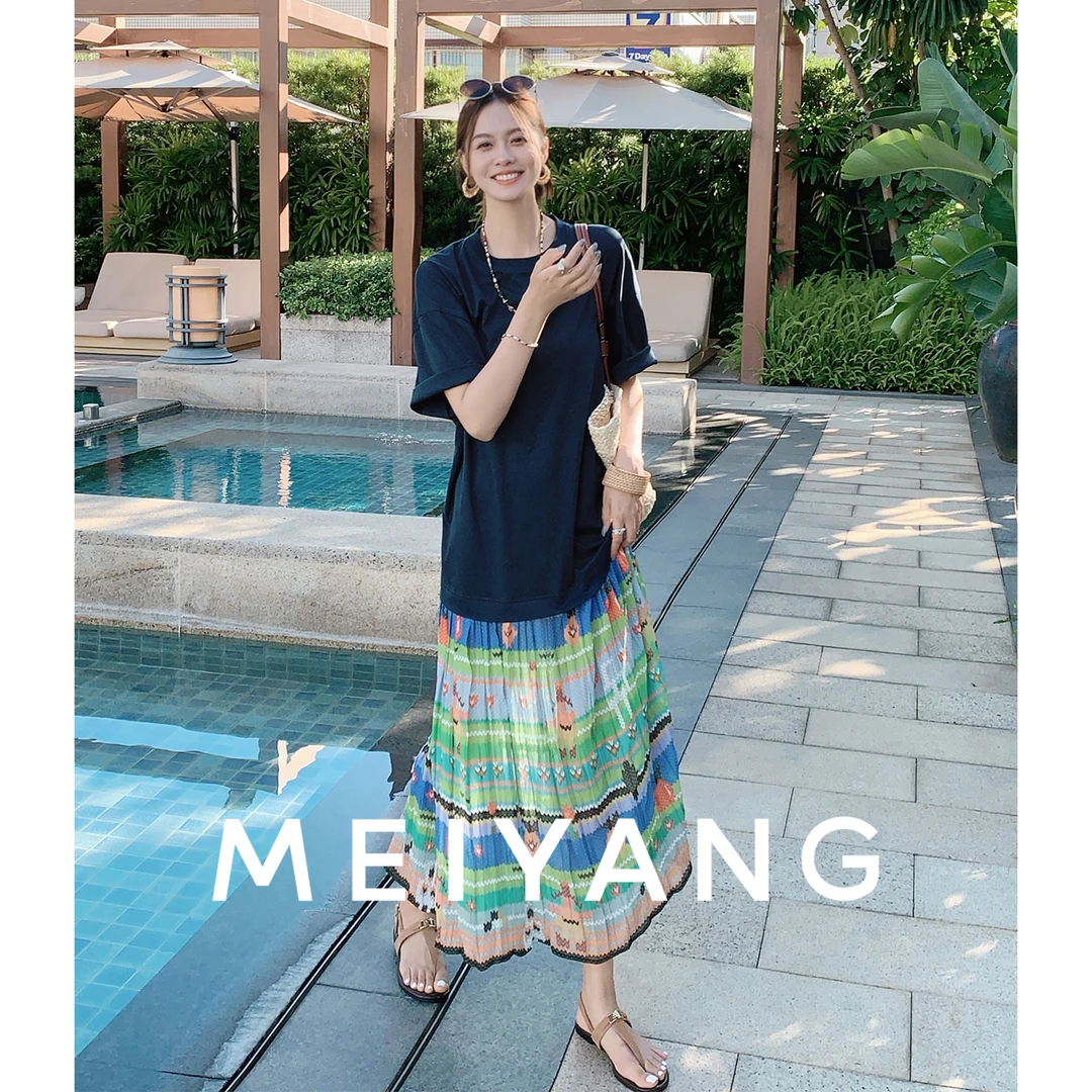 美洋MEIYANG 卡通世界连衣裙 莫代尔棉X印花雪纺_圆领拼接-周五