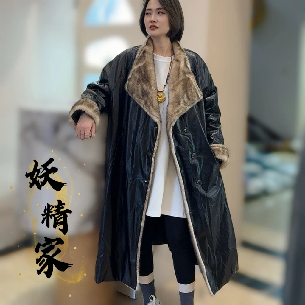 6167冬季上新宽松显瘦韩版撞色长款大牌极简皮衣