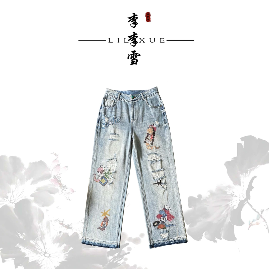 LILIXUE『漫蓝』夏季薄款时尚牛仔裤裤子百搭破洞2025直筒牛仔裤