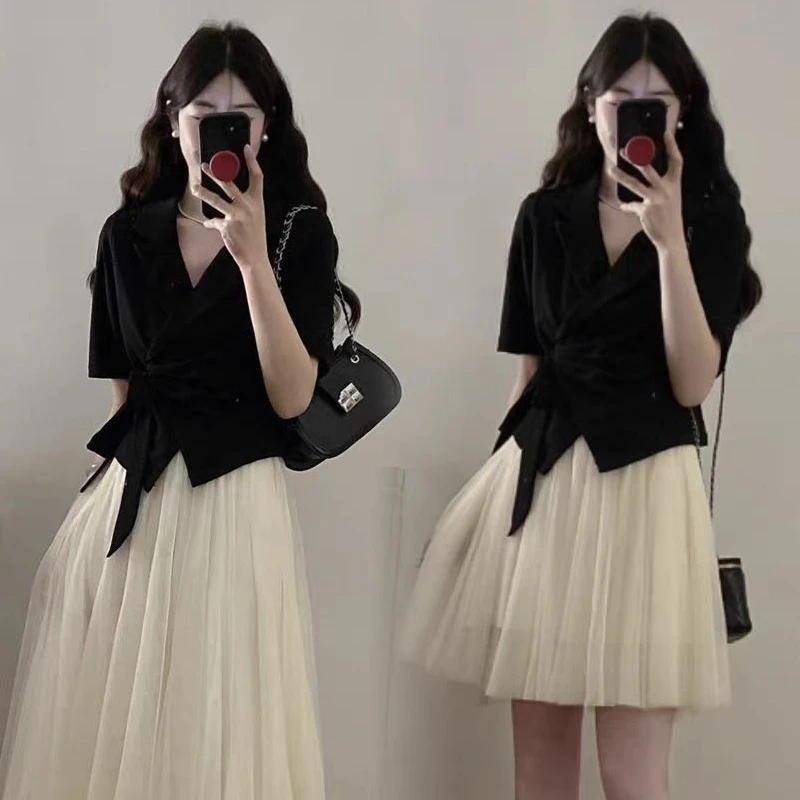 大码女装法式气质V领黑色上衣夏季胖mm显瘦遮肉高级感半身裙1761