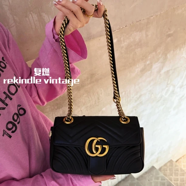 95新 GUCCI/古驰 复燃精选/黑金马蒙22单肩斜挎包