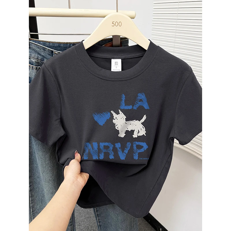 深灰色正肩显瘦上衣2025夏季新款韩版大码休闲洋气百搭短袖t恤潮