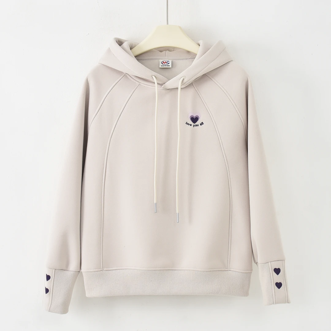 “怦然心动”2025冬季新款加绒加厚休闲时尚百搭刺绣连帽卫衣女6965