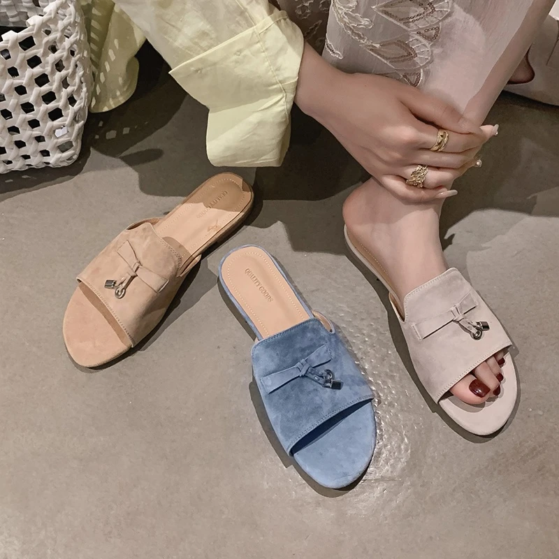 【米兰】老钱风必备女鞋~流苏羊皮绒面一字拖鞋女外穿懒人粗跟凉拖