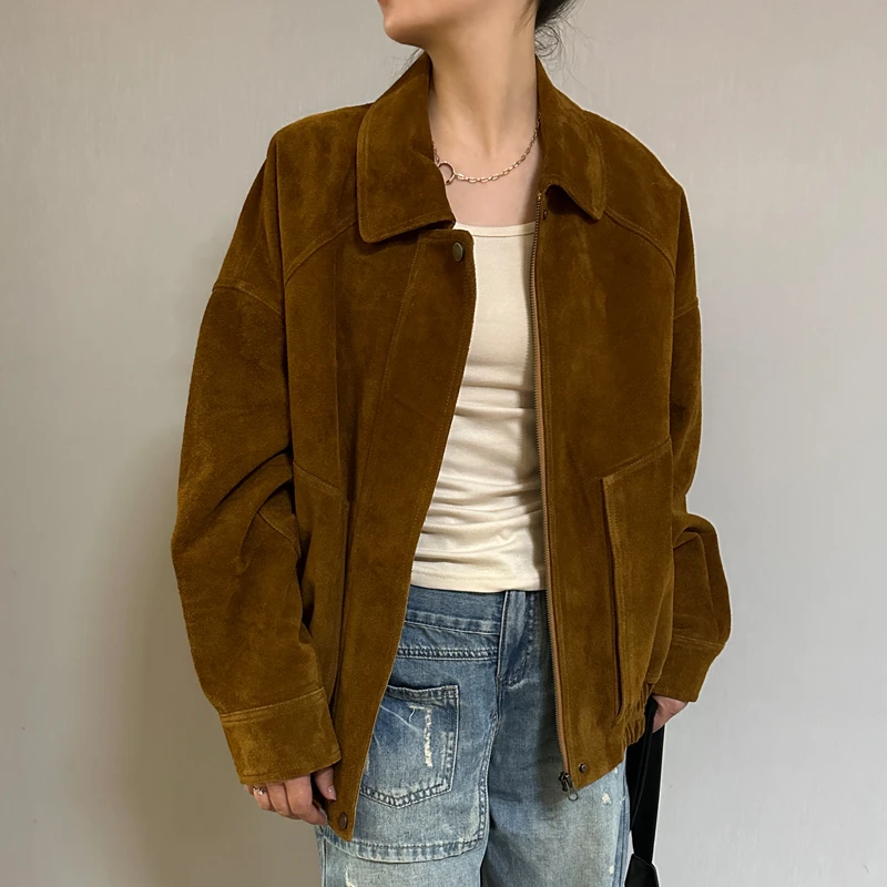 2025秋季韩版新款头层牛皮绒面真皮皮衣女士宽松夹克上衣外套