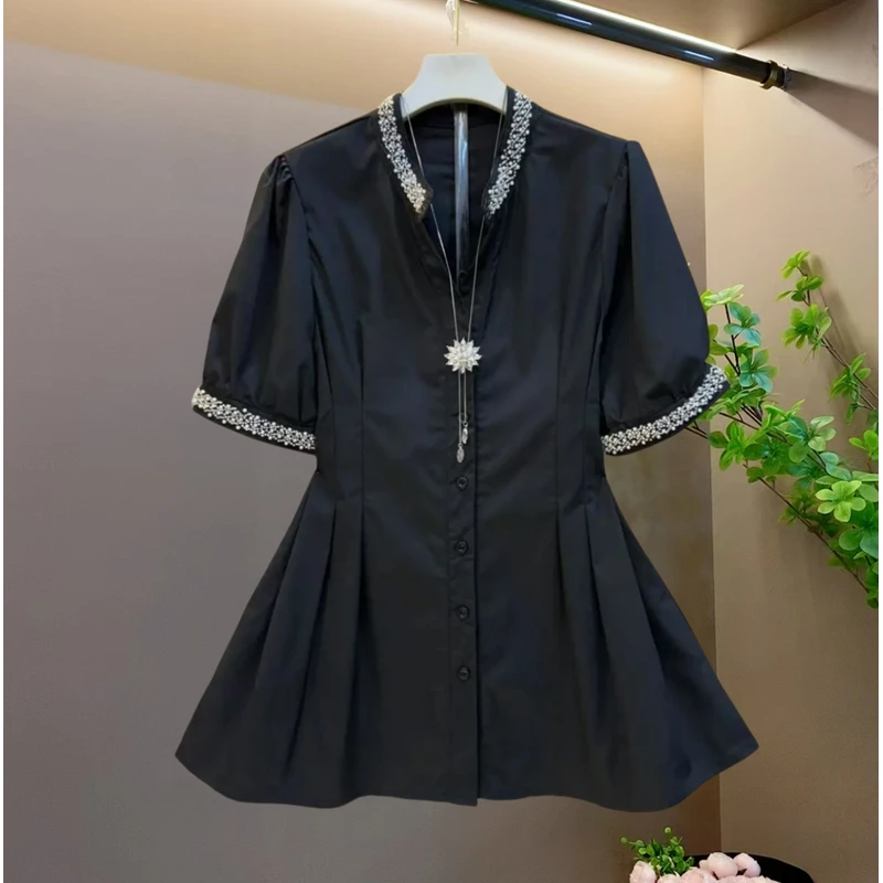 时尚欧洲站新款重工V领气质显瘦短袖上衣