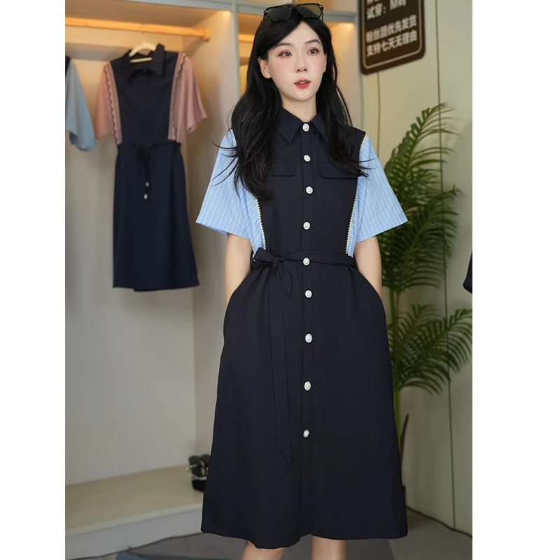 CG6210夏季拼接衬衫裙连衣裙显瘦中长裙洋气通勤设计感收腰假两件