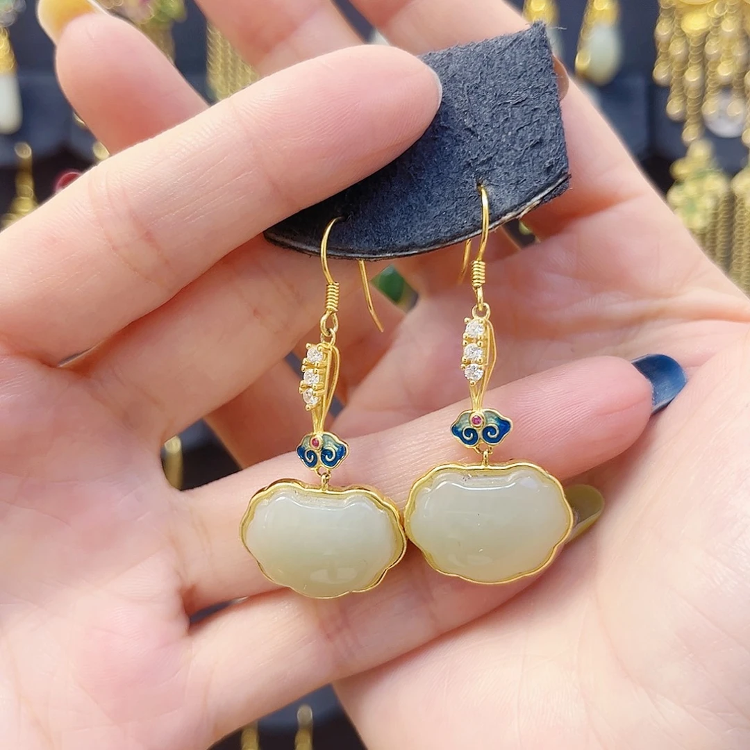 和田玉银S925镀金镶嵌耳饰