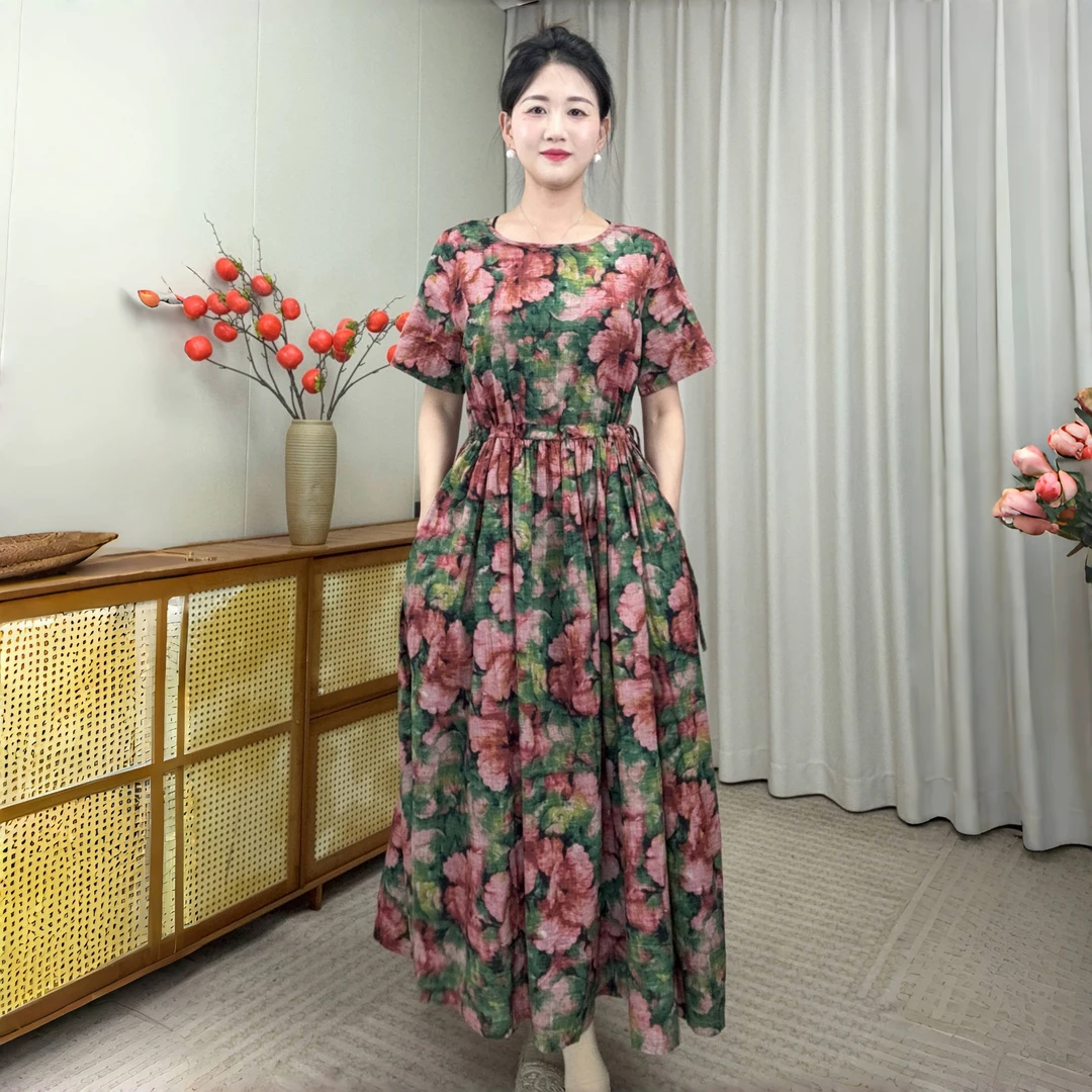 蔓络衣品-夏季木棉花棉麻连衣裙