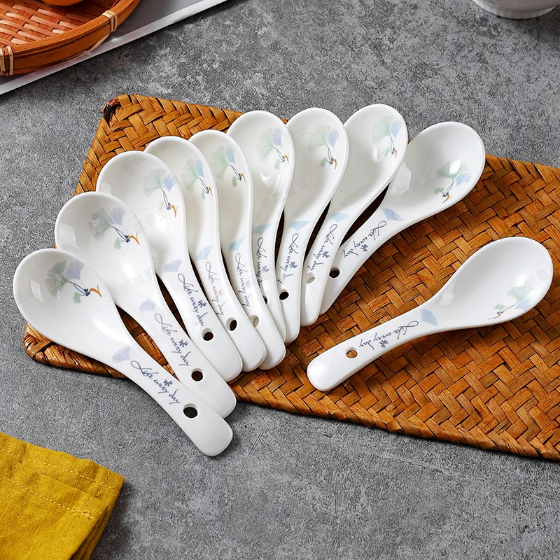 银杏花开小勺子10个装陶瓷汤勺家用创意中式吃饭喝汤调羹网红爆款