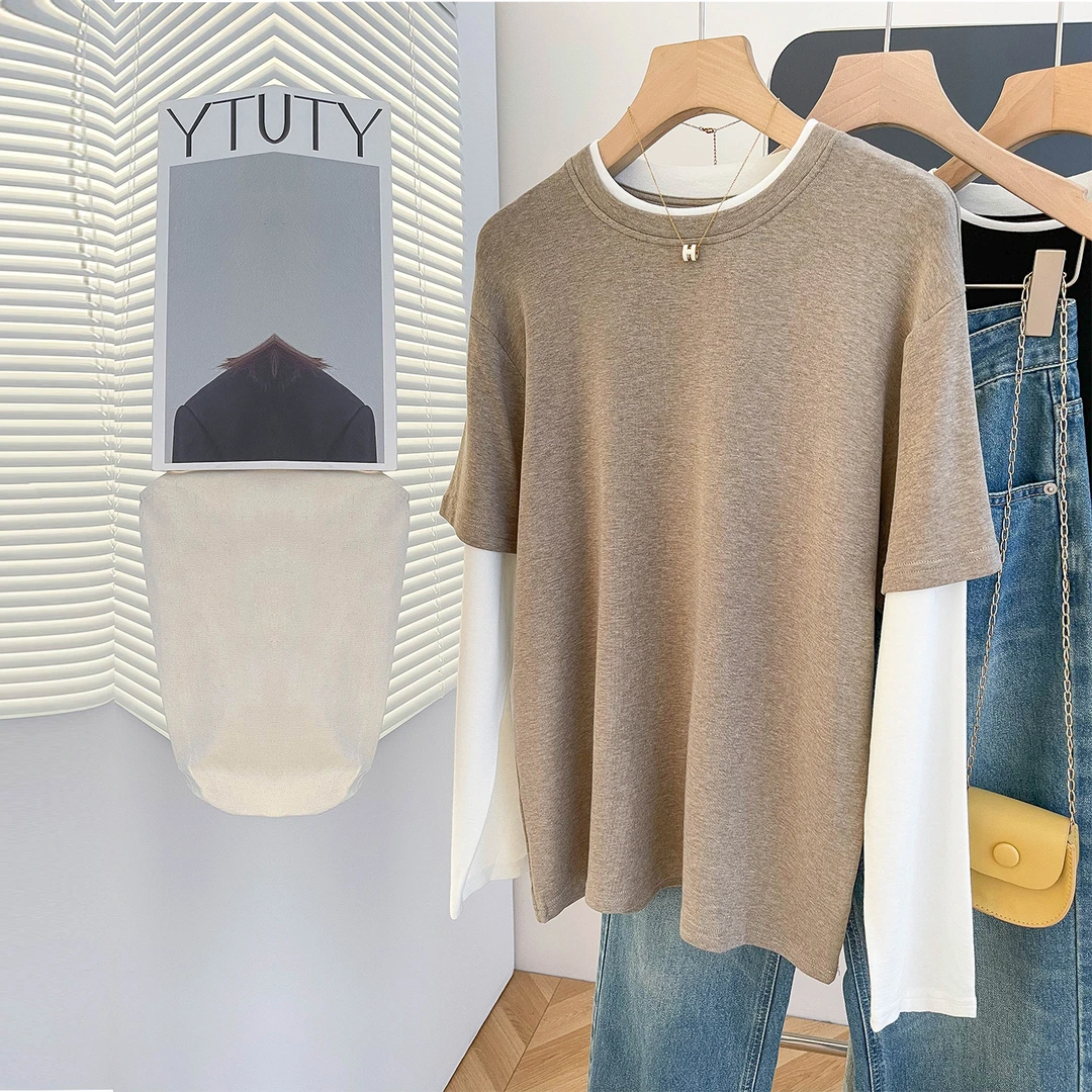 早秋新款假两件长袖T恤女韩版设计感宽松休闲洋气圆领体恤上衣