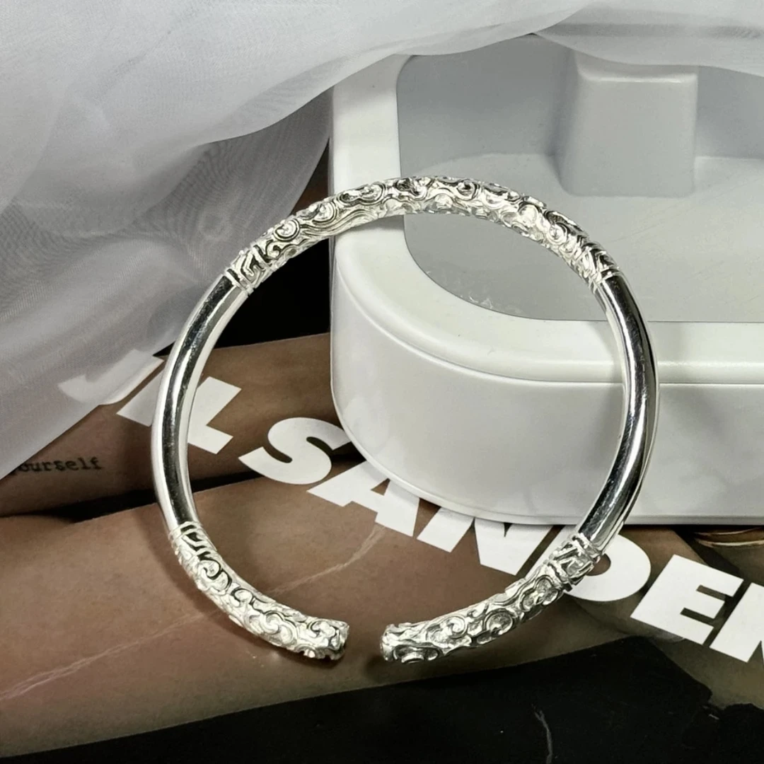 足银手镯 A06如意金箍棒银手镯实心祥云小众设计百搭经典设计感