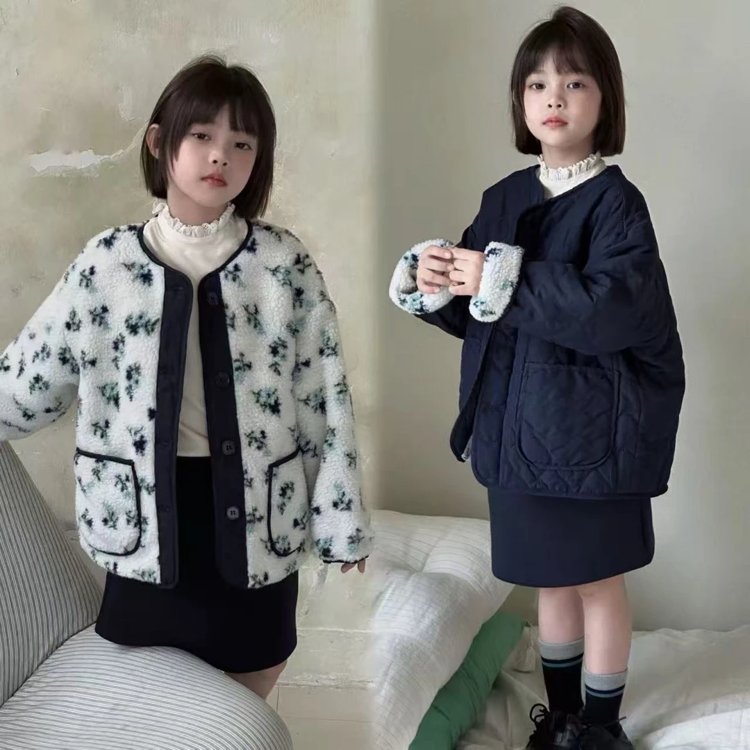 女童2025秋冬新款中大童甜美碎花双面穿夹棉毛毛外套253381