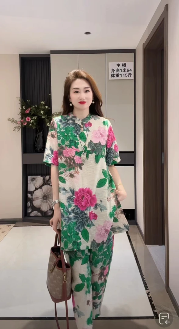 2244（套装）夏季新款国风牡丹印花半袖上衣+裤子两件套