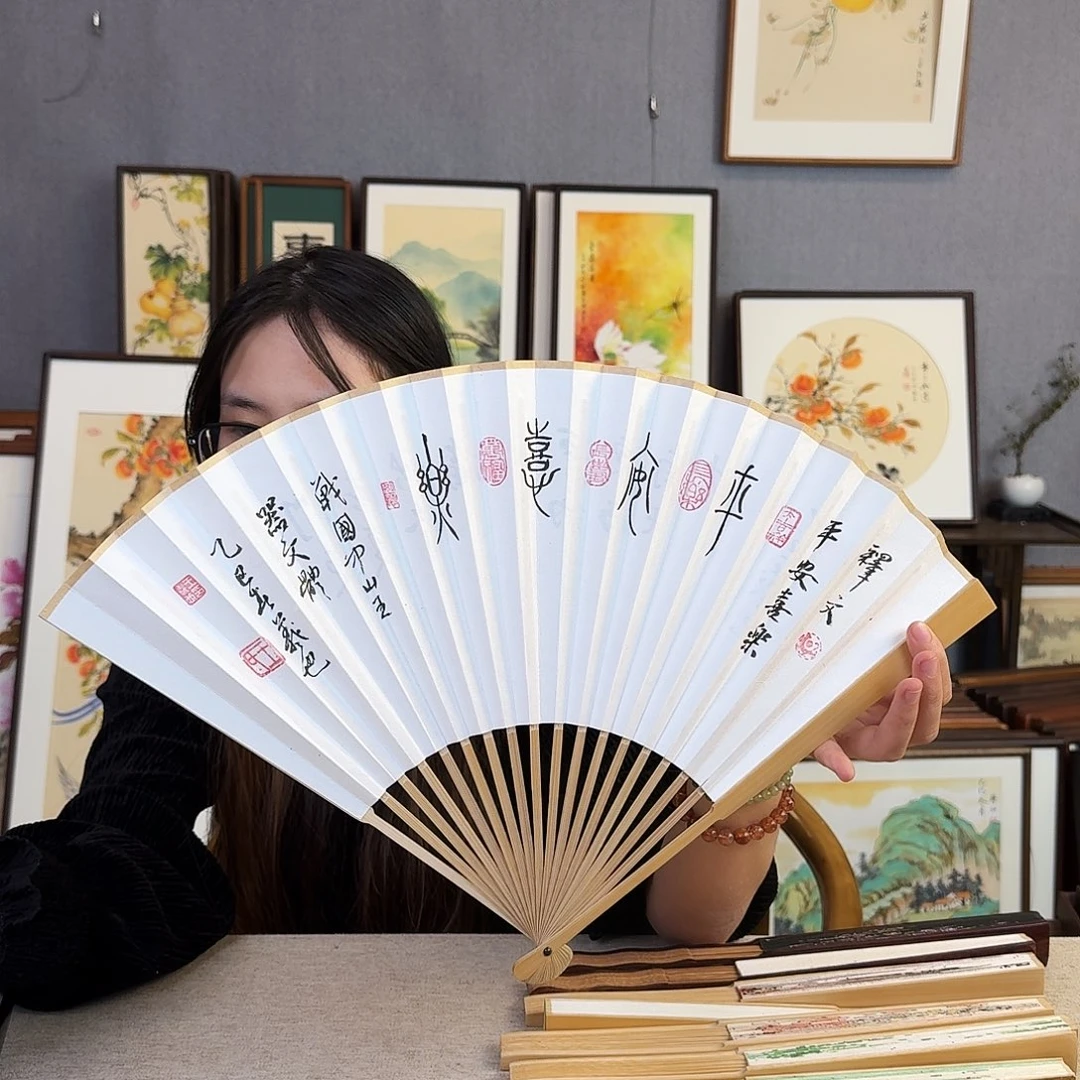 国画95寸水磨玉竹纯手绘-文玩扇骨（默认粘好）