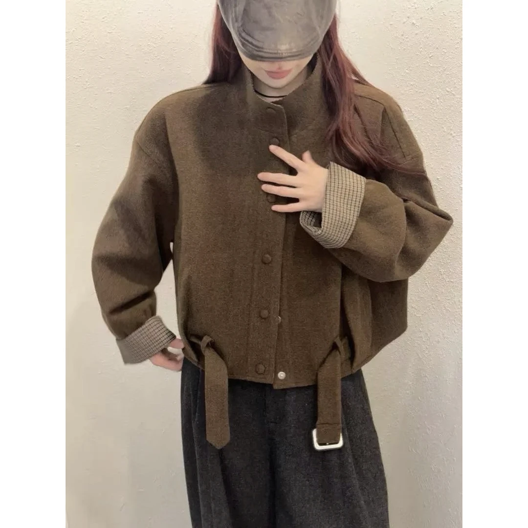 Y168838-韩系格子拼接外套女冬高级感气质显瘦百搭立领单排扣上衣