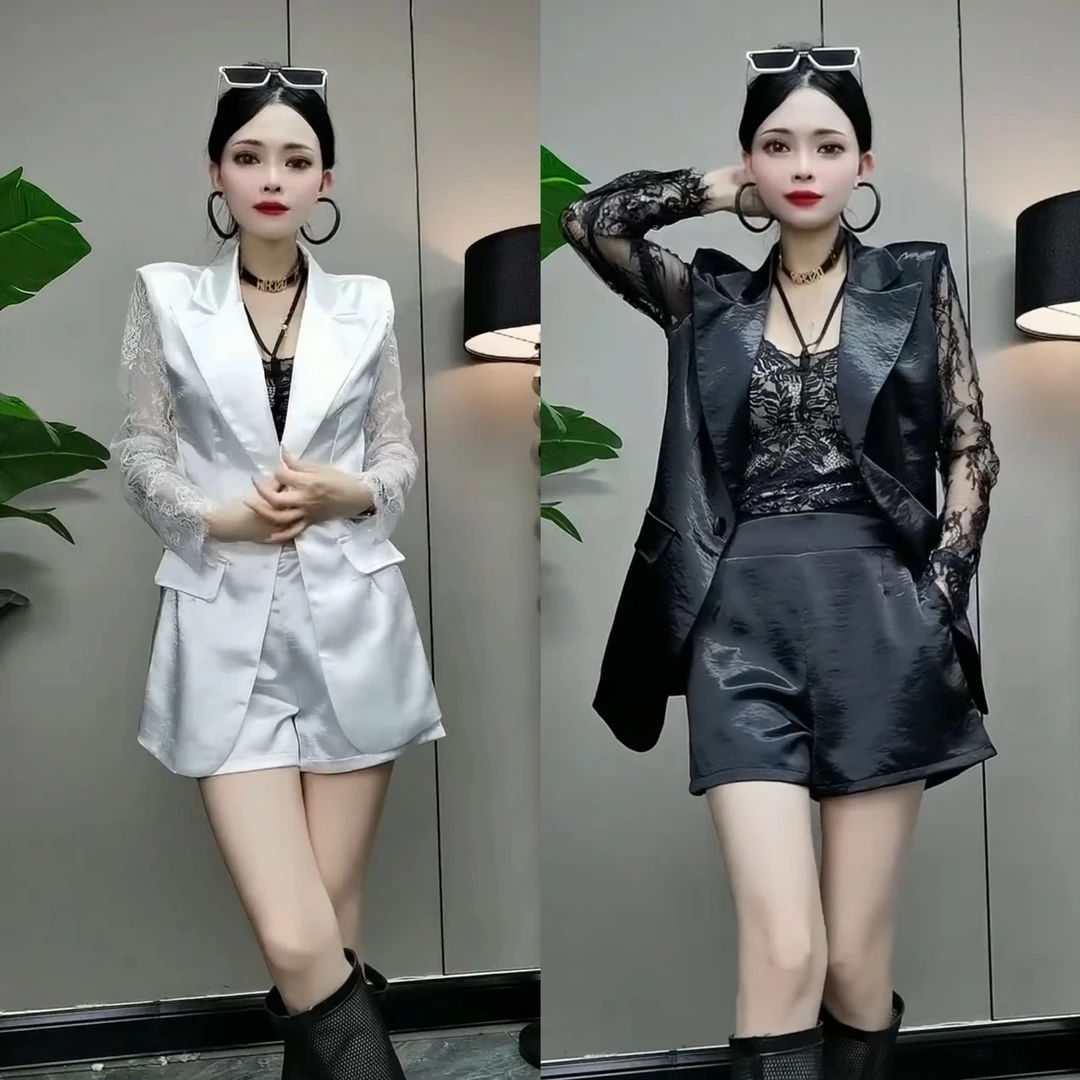 5982#Yr欧货时尚蕾丝高级感拼接西装领洋气上衣+短裤两件套套装