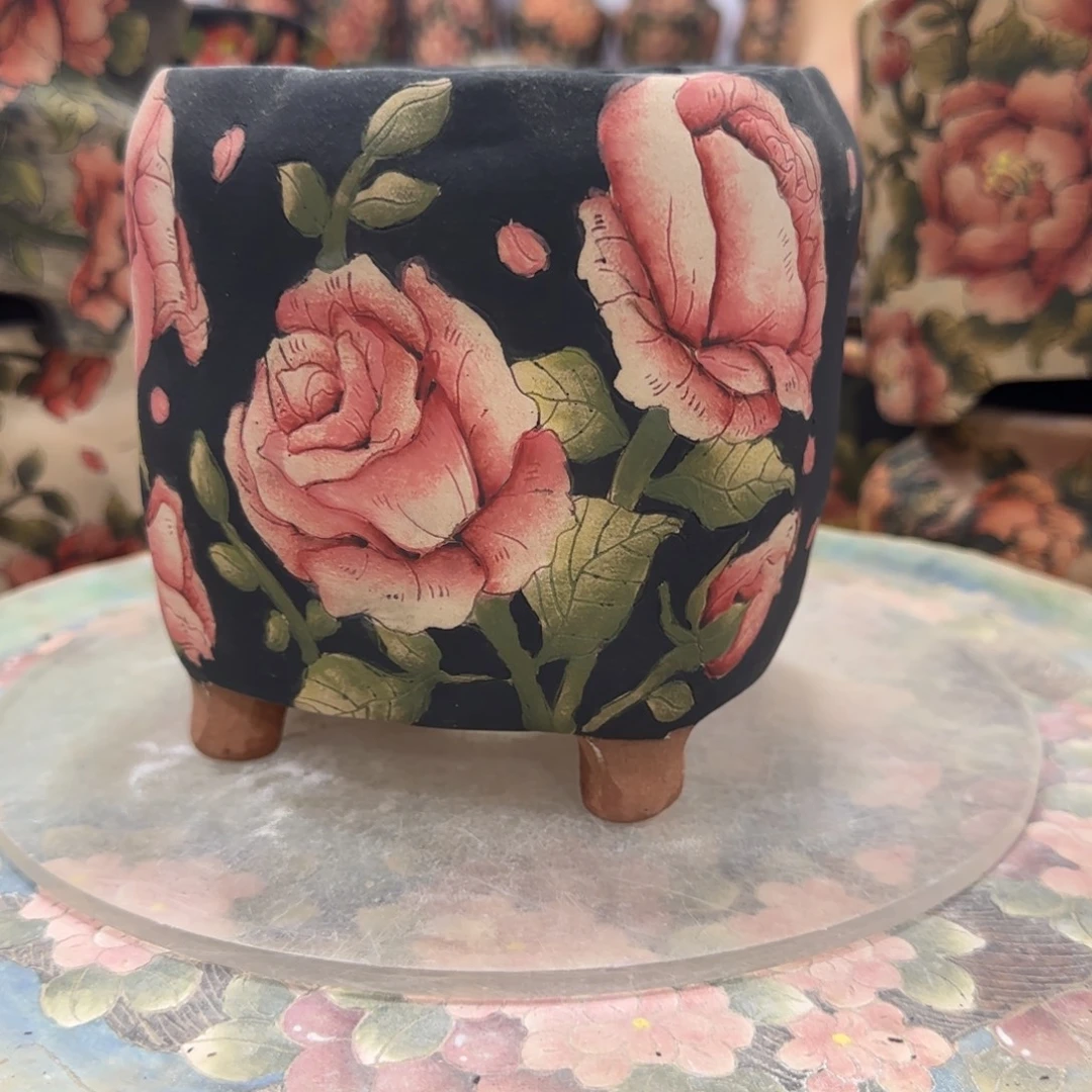 紫砂花盆瑕疵精品多肉手绘花盆