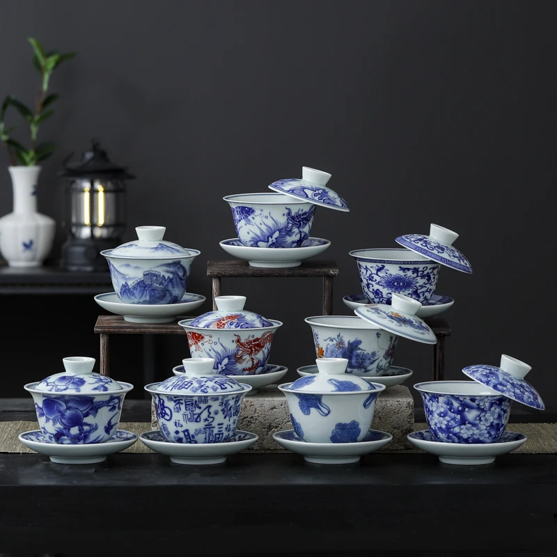 青花悬停三才盖碗陶瓷大号茶碗缠枝莲泡茶器整套功夫茶具套装