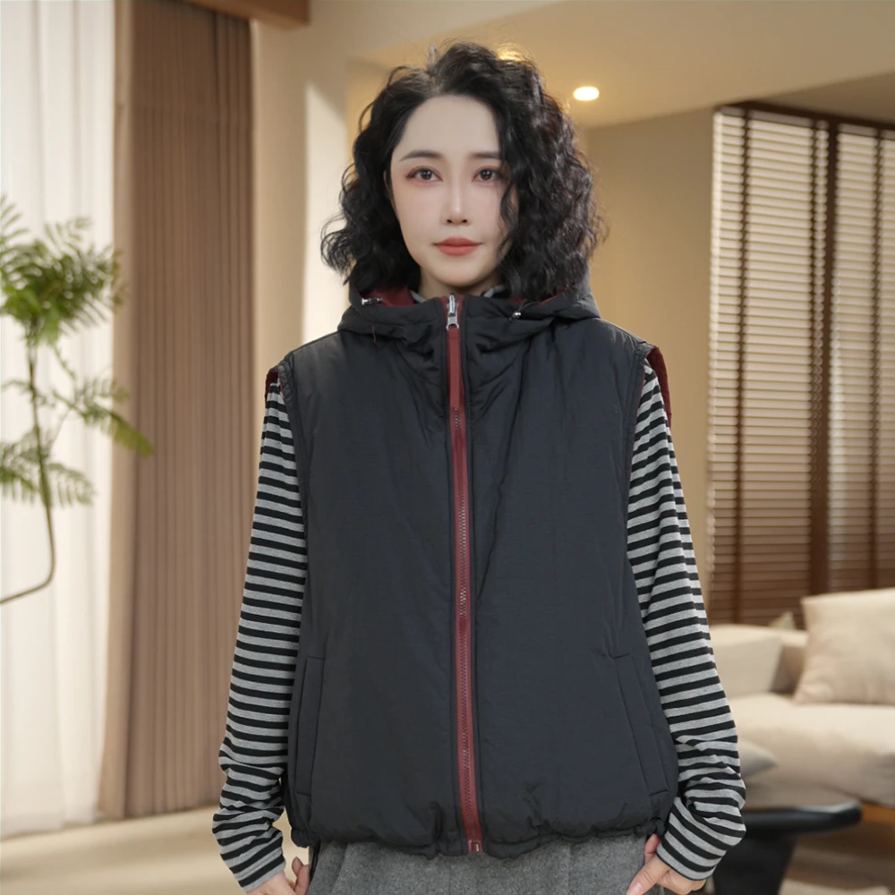 W00 两面穿秋冬新款纯色通勤风马夹户外连帽秋季短款休闲棉马甲