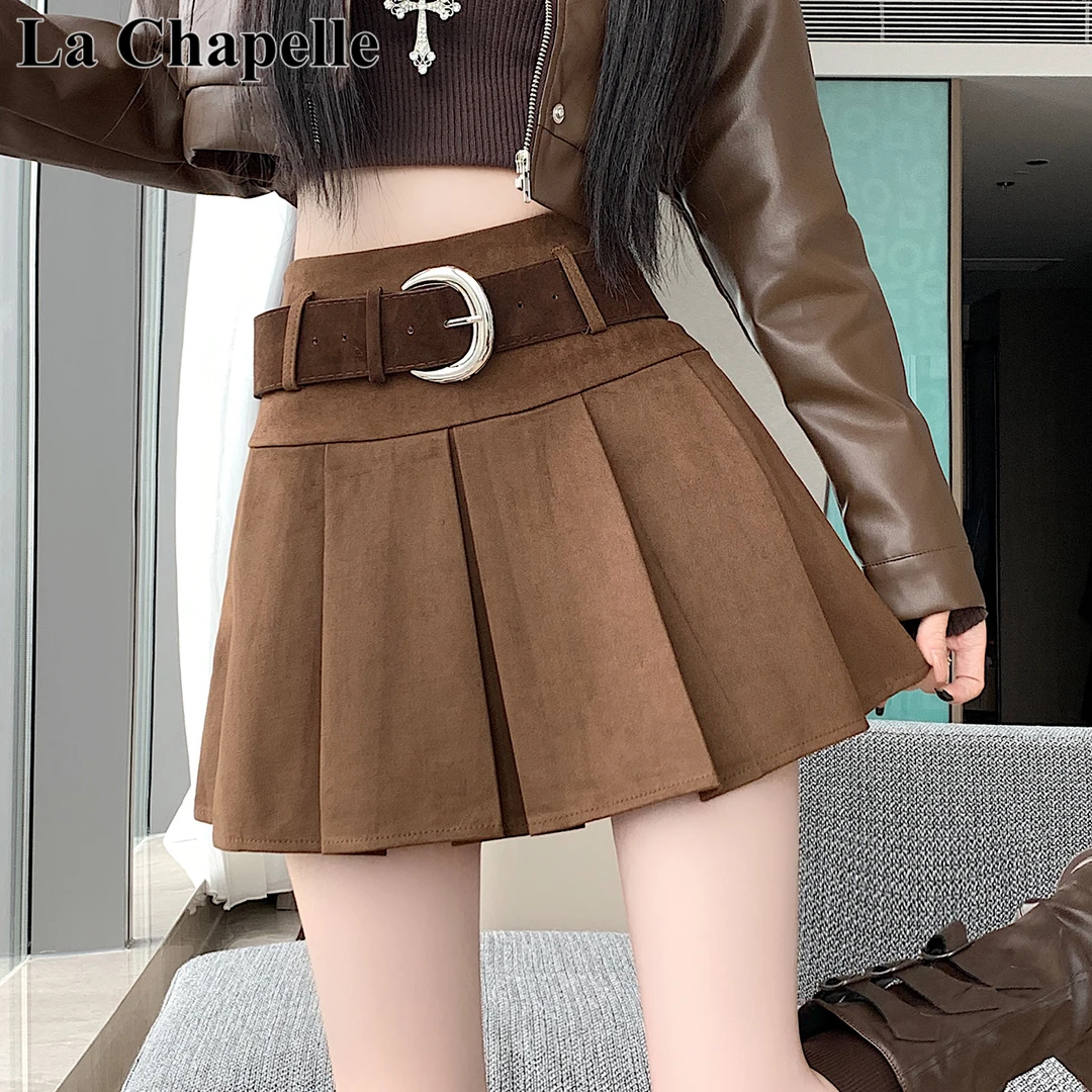 拉夏贝尔秋冬新款美式甜酷辣妹防走光a字半身百褶裙短裙配腰带女