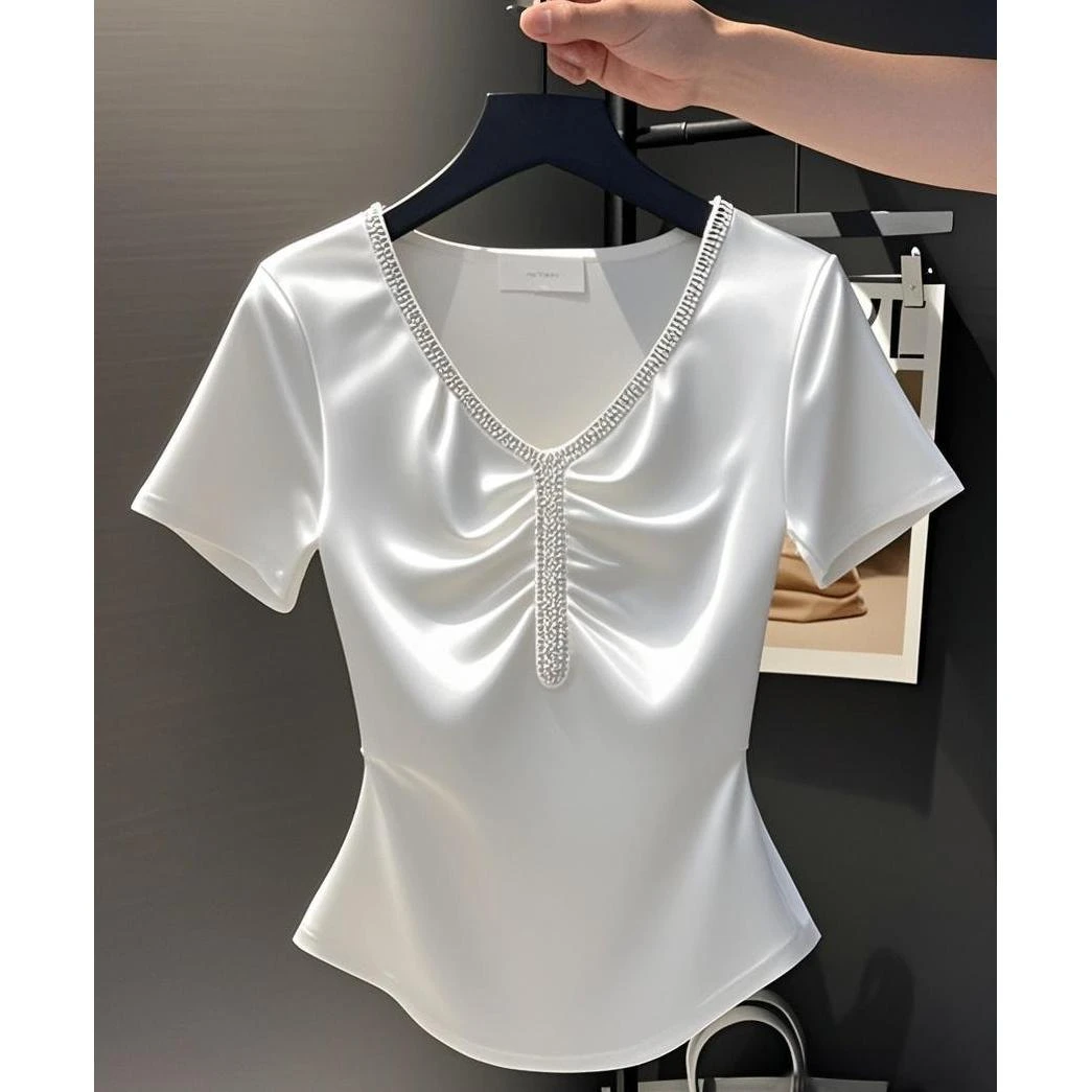 2025夏季新款洋气高档精致气质时尚百搭收腰显瘦短袖上衣女装爆款