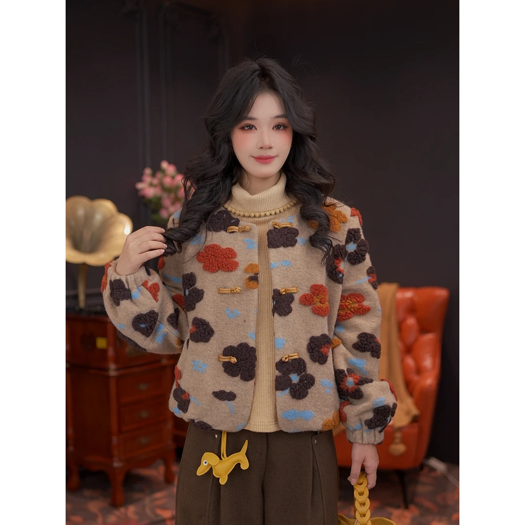 婉儿 立体花朵小香风开衫女秋冬季百搭盘扣毛呢外套#L14979