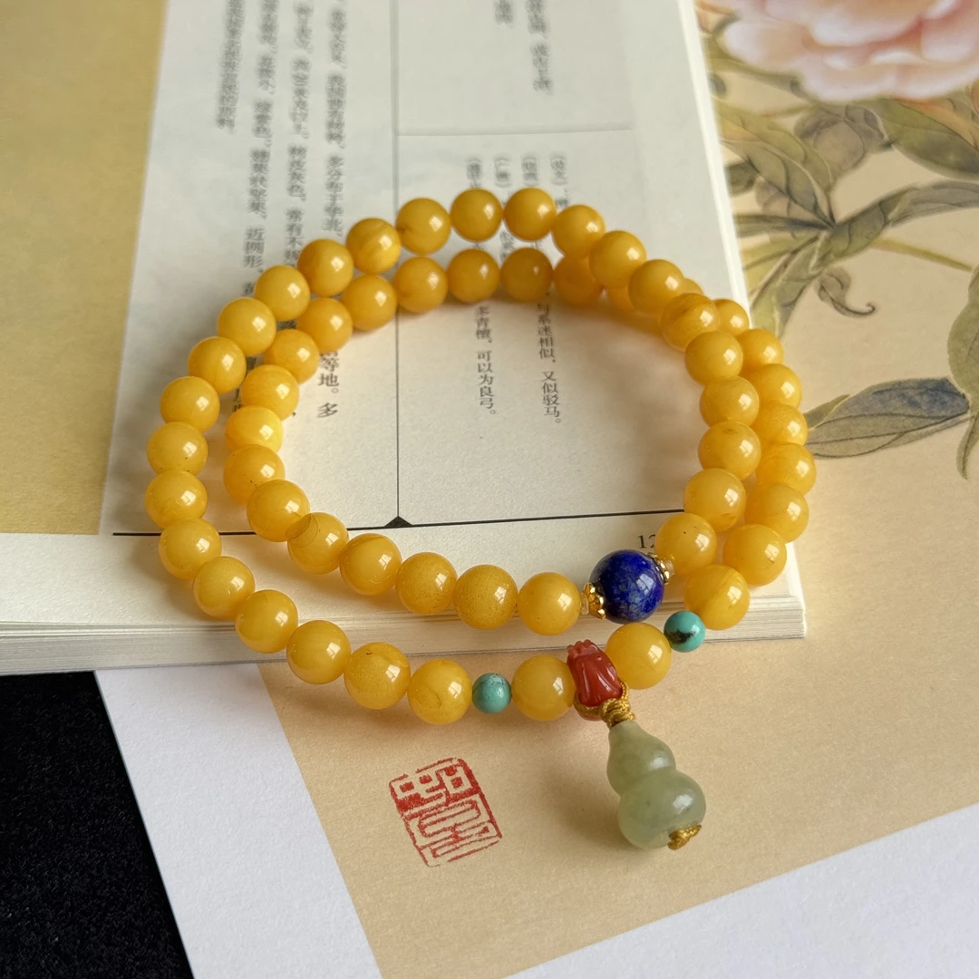 鸡油黄蜜蜡手串6mm+双圈国风轻奢古风多样性发其一 蜜蜡DIY手串