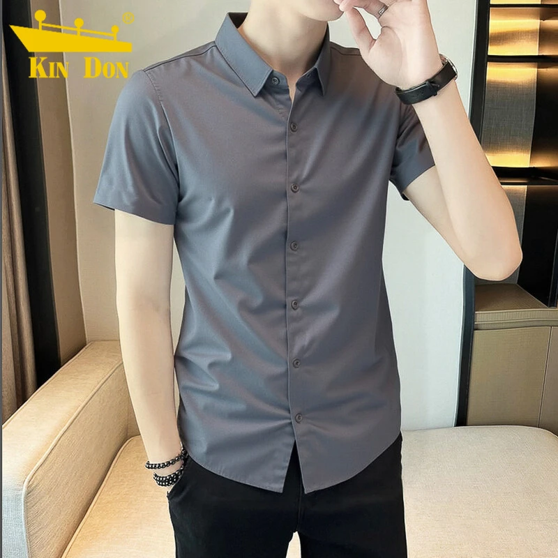 夏季新款冰丝短袖衬衫免烫抗皱衬衣薄款简约休闲纯色帅气男装