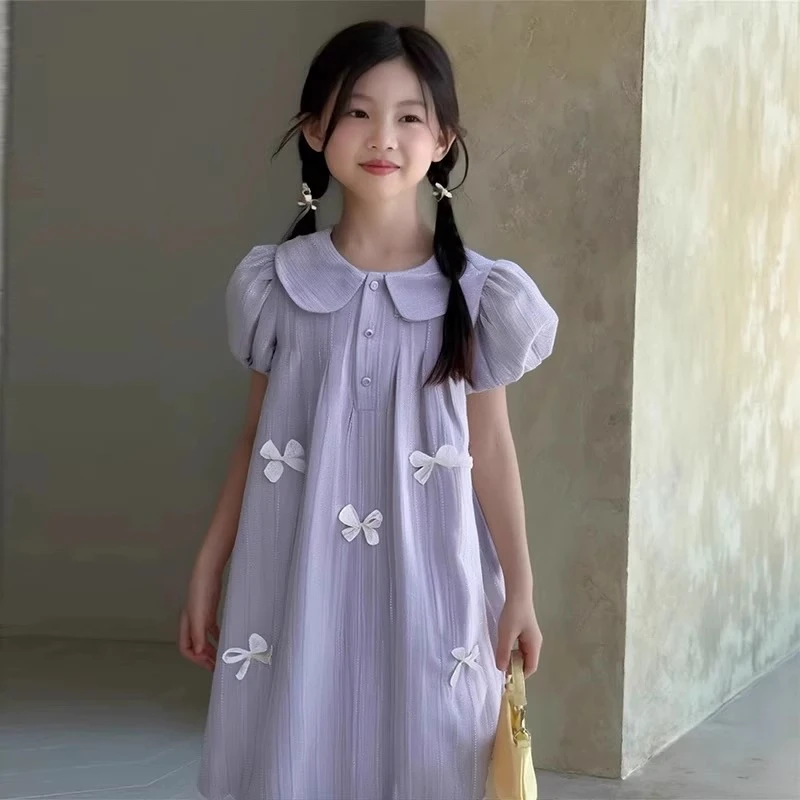 女童连衣裙夏季2025新款韩版日系娃娃领裙子少女童装蝴蝶结长裙