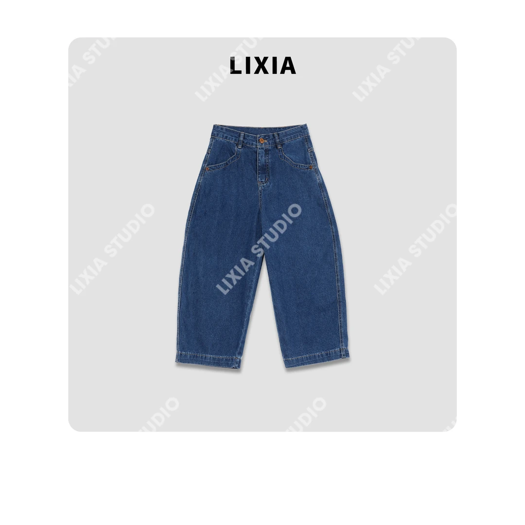 LIXIA【暮蓝】夏季休闲简约风薄款复古蓝阔腿九分牛仔裤-D8585