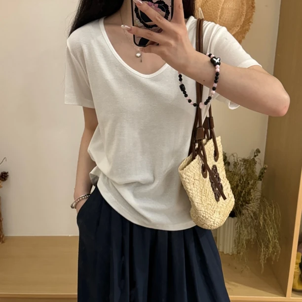 352280 （莱赛尔亚麻衣长56）韩系简约纯色V领短袖T