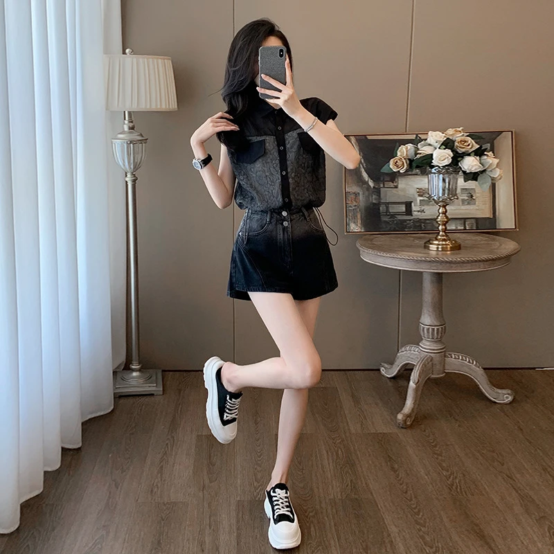 复古女装2025新款洋气衬衫女款外穿高腰时尚黑色渐变牛仔短裤套装
