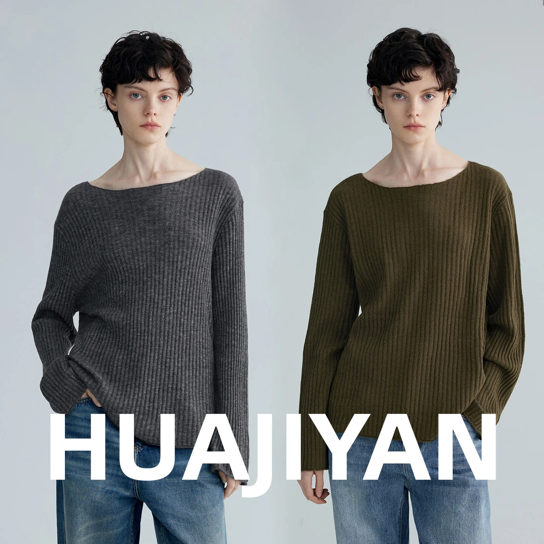 华吉言/HUAJIYAN【山雾】羊绒羊毛混纺竖坑条落肩毛衣