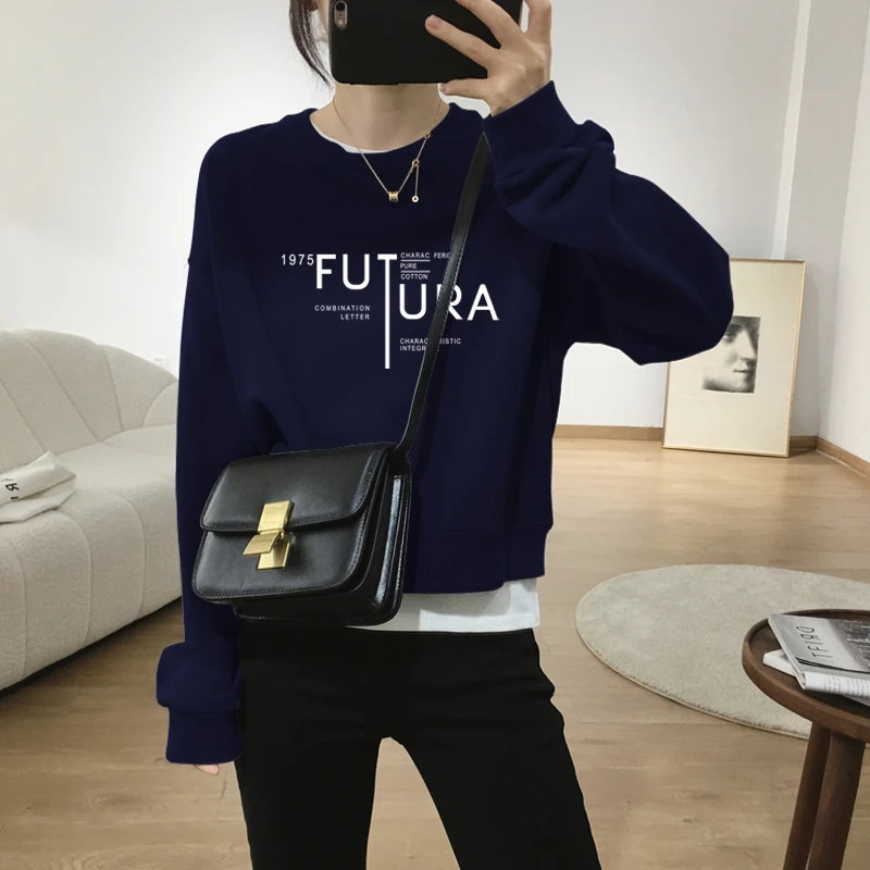 假两件圆领套头短款卫衣女加绒加厚秋冬上衣宽松小个子春秋薄款