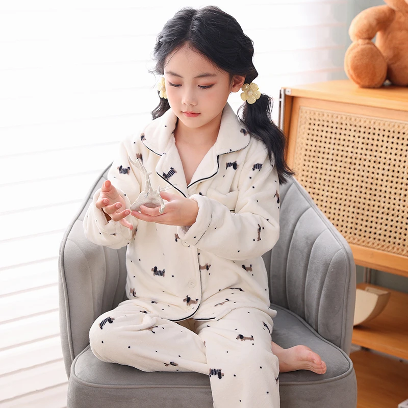女童睡衣法兰绒加绒加厚冬季大童长袖保暖儿童珊瑚绒套装女孩中童