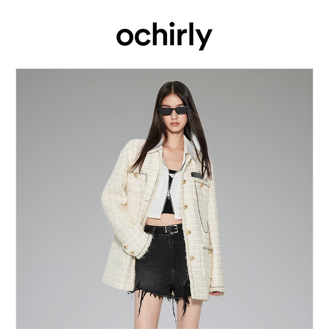 ochirly/欧时力 金丝纱小香风外套秋手钉链织带中长款