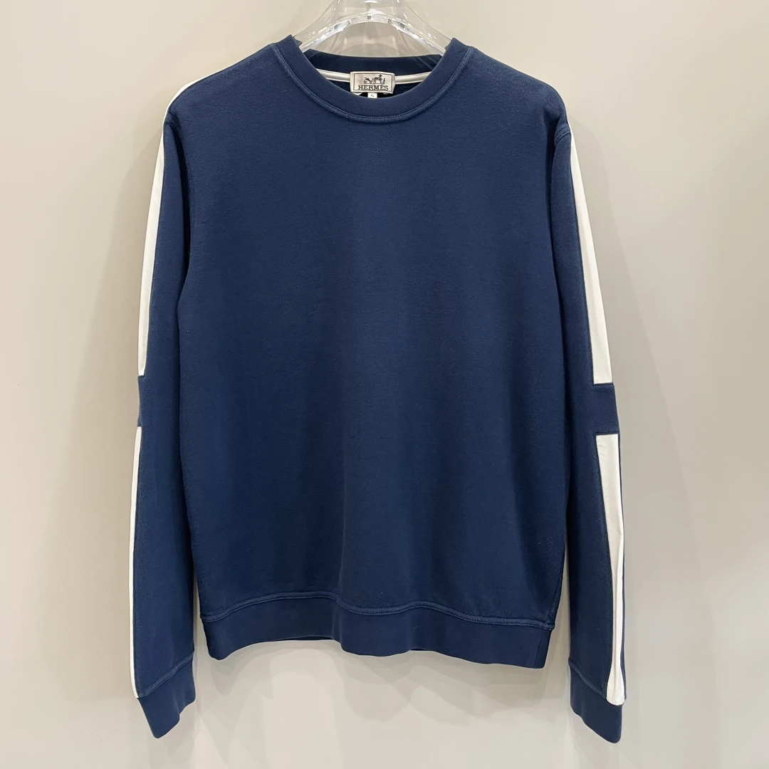 99新 Hermes/爱马仕 宝蓝色圆领侧白条卫衣 XL码 AA01033