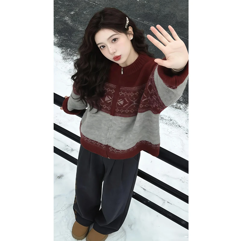 韩版复古提花撞色长袖上衣2026爆款新款减龄显瘦小众洋气针织衫