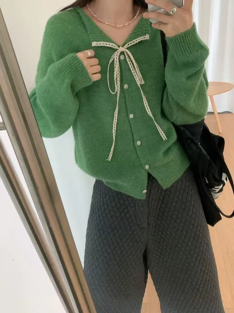 温柔风蕾丝系带蝴蝶结针织开衫女2025早秋新款宽松慵懒毛衣上衣潮