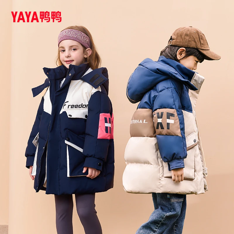鸭鸭童装冬季拼色女童中大童时尚休闲洋气保暖加厚连帽中长款亲子