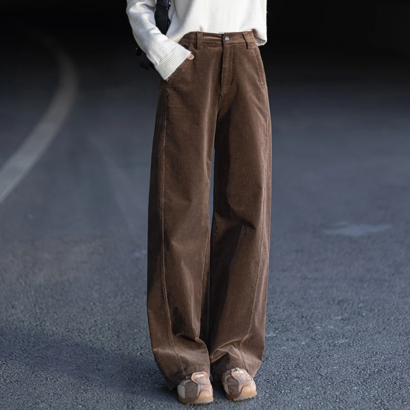 咖啡色灯芯绒裤子女2025新款秋冬哈伦条绒裤宽松休闲裤阔腿弯刀裤