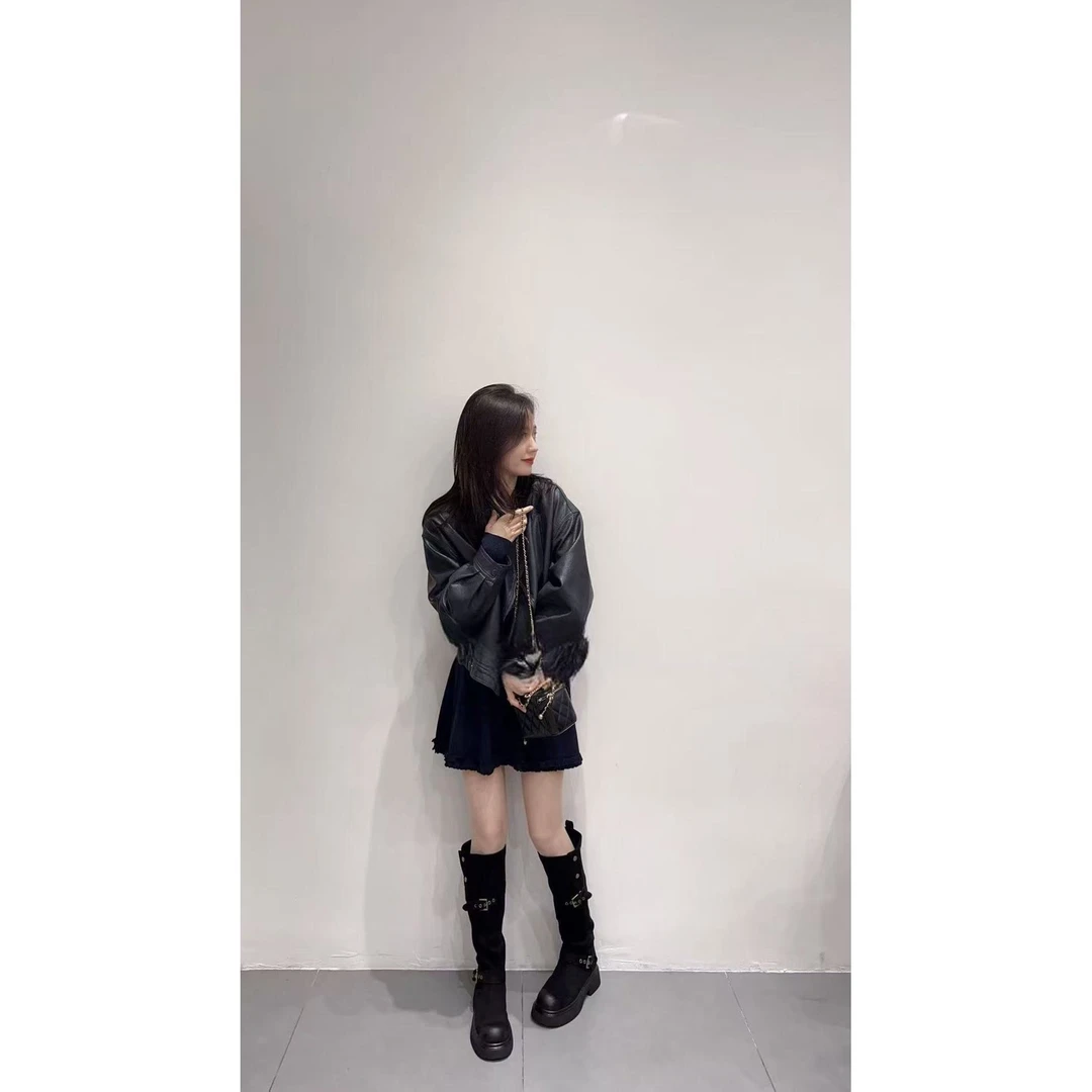 新款韩系少女感复古系带针织开衫短裙显瘦皮衣外套三件套套装