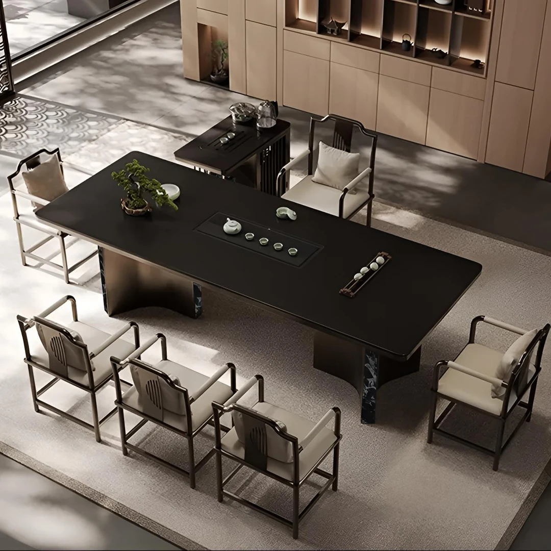 高端纯黑奢石岩板茶桌椅茶台家用客厅阳台办公室简约现代泡茶桌